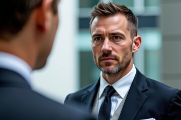 Fototapeta premium Man in suit faces another person intently