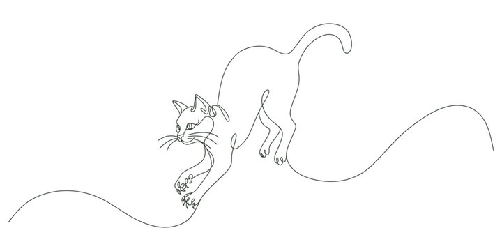 Continuous line drawing of a cat stretching or pouncing with sharp claws