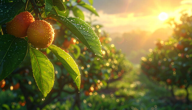 Fresh Oranges with Dew Drops on Branch at Golden Sunrise
