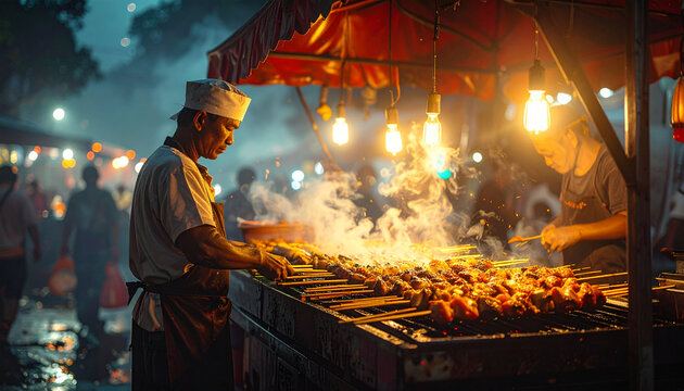 Chef Grilling Traditional Meat Satay at Vibrant Asian Night Market