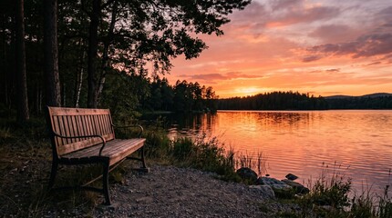 Fototapeta premium Empty park bench overlooking sunset lake