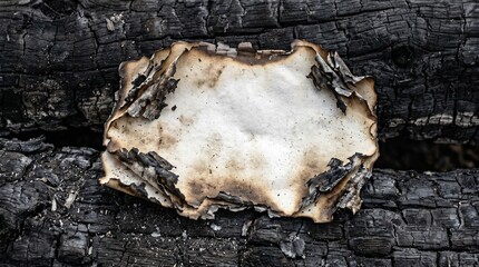 Fototapeta premium Burnt Old Blank Paper Resting On Dark Charred Wood 8k 