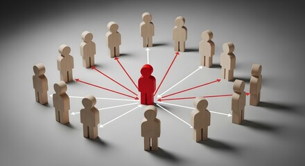 Obraz premium Organizational network concept, red wooden human and wooden figures connected with lines