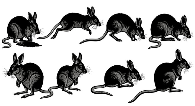 Detailed illustration of seven kangaroos in various poses on white background for image-429.ai reference