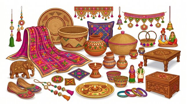 Traditional Punjabi cultural elements set, vibrant Indian folk art objects, ethnic Phulkari embroidery and handicraft collection on white background