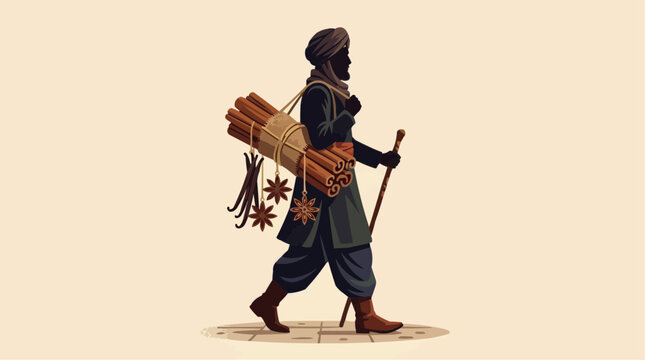 Spice Trader Silhouette: A lone figure walks, silhouetted against a neutral background, carrying a bounty of spices. The image evokes a sense of ancient trade routes and exotic goods.