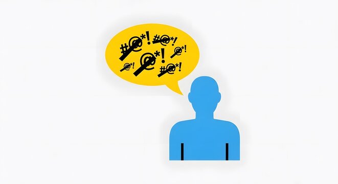 Negative communication concept, simple blue human figure icon with a yellow speech bubble containing censored