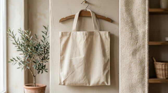 Beige canvas tote bag hanging on wooden hanger indoors