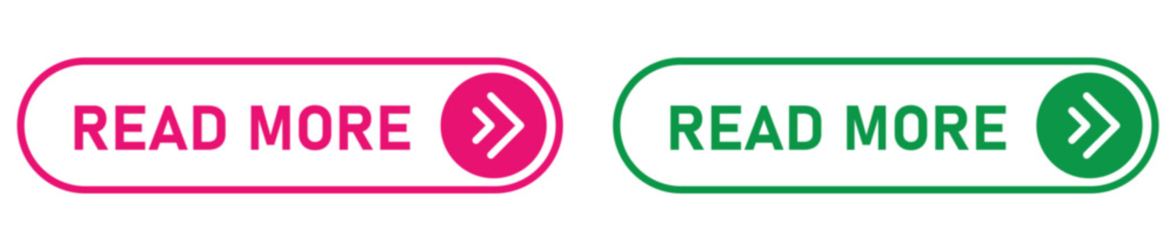 Collection of two modern read more buttons in vibrant pink and green colours for website design and user interface graphics