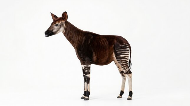 Okapi animal with zebra like stripes on legs and hindquarters against white background