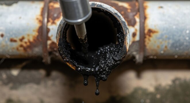 Close-up of a clogged and rusty pipe with thick black sludge oozing out, indicating a severe blockage and corrosion.
