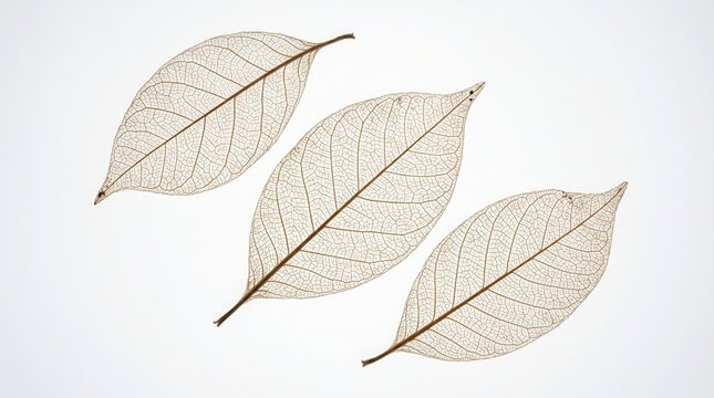 Three delicate skeleton leaves with intricate vein patterns on a white background