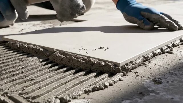 Professional tiler installing ceramic floor tile, construction worker laying large format tile on adhesive mortar, home renovation and flooring installation
