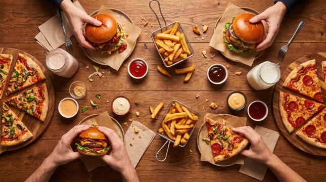 Friends sharing a meal of pizza burgers and fries on a wooden table