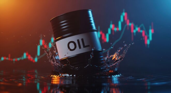 Crude oil barrel splashing in liquid, stock market trading graph background, global energy industry and petroleum price volatility concept