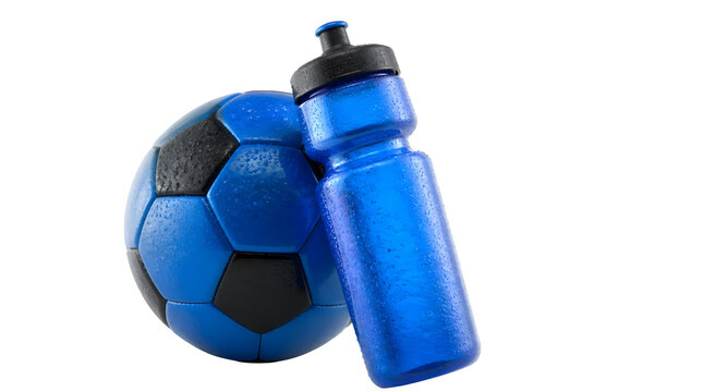 Blue Soccer Ball and Water Bottle with Water Droplets on Transparent Background