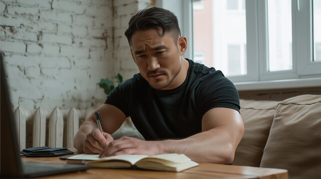 Focused Asian Professional Writing Notes During Remote Work Session