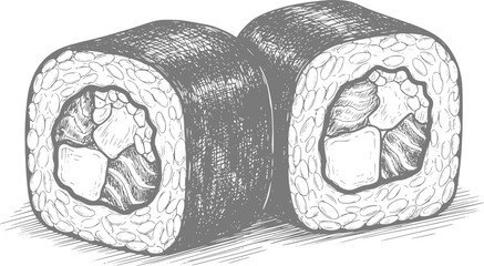 Hand-drawn of two delicious sushi rolls with salmon and rice © Bulbul