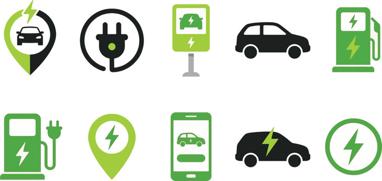 Electric Vehicle Charging Station and EV Eco Transport Icon Set
