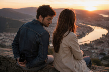 Fototapeta premium Young Man Hiding Engagement Ring Behind His Back Preparing Surprise Marriage Proposal at Sunset Overlooking Scenic City Landscape