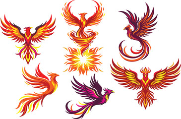 Naklejka premium Phoenix Bird Collection Featuring Fiery Mythical Creatures Rising from Flames with Majestic Wings for Fantasy Vector Illustration Set