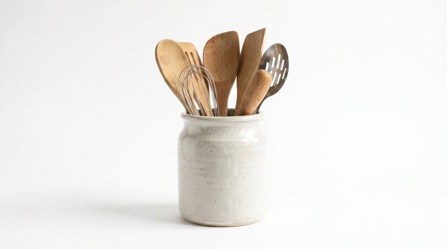 ceramic utensil crock filled with wooden kitchen tools isolated on clean background representing organized cooking space and modern kitchen decor concept