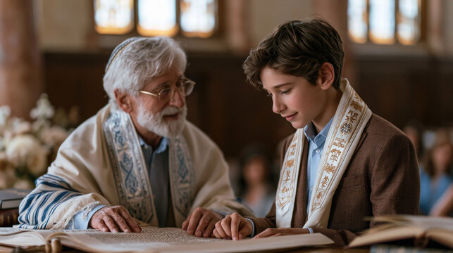 Elderly rabbi guides young boy reading sacred text during a traditional ceremony inside a synagogue.