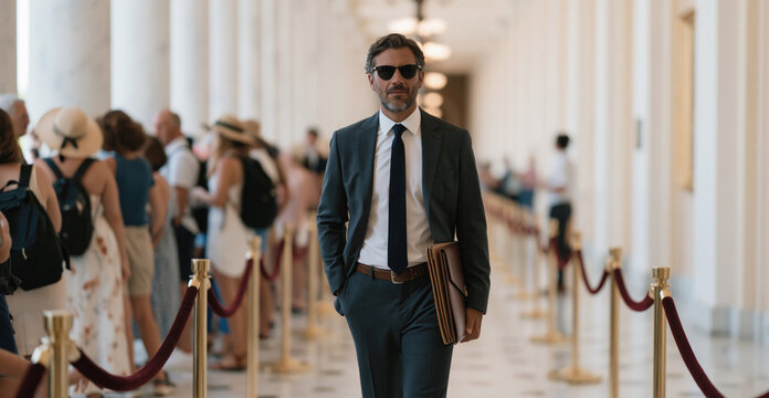 Congressional aide rushes through a marble Capitol corridor carrying portfolio folders, while tourists queue behind velvet ropes for gallery access during July session.
