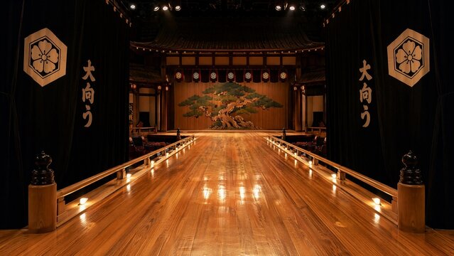 hanamichi. Polished wooden runway of a kabuki stage extending forward, flanked by black curtains. event programs, museum guides, designed for cultural heritage projects and event programs.