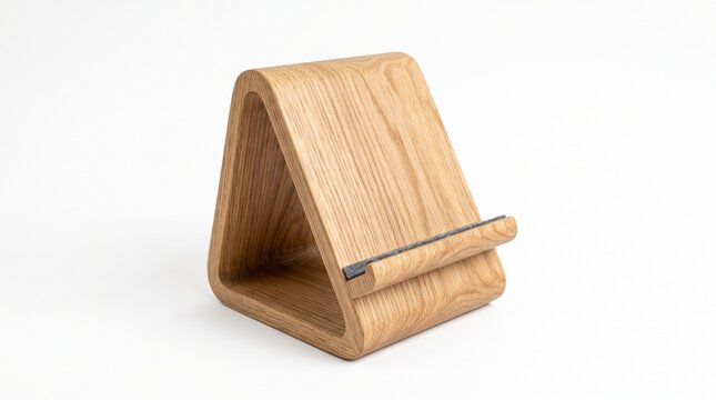 oak wood tablet stand isolated on clean background representing ergonomic workspace organization, device support and modern desk accessory concept