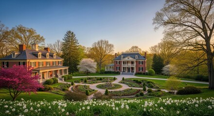 Obraz premium Historic Mansion and Gardens at Sunset with Blooming Spring Flowers.