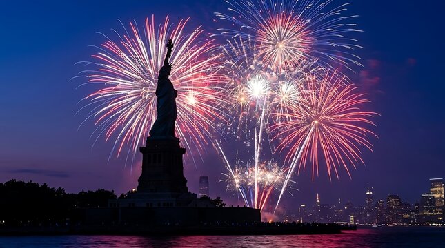 Statue of liberty silhouette with vibrant fourth of july fireworks in new york