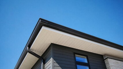 Obraz premium soffit. Clean white soffit board under eaves contrasting with dark rain gutter. real-estate listings, architecture portfolios, designed for real-estate listing and luxury residence showcases.