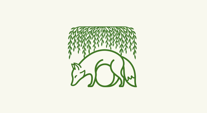 Green anteater illustration under willow tree branches.