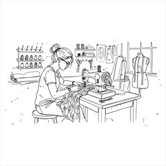 Obraz premium Woman sitting at a sewing machine in a sewing room with fabrics and threads