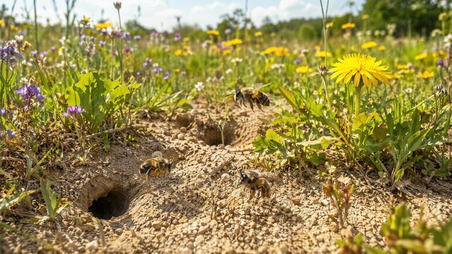 burrow. Ground-level meadow with bee burrows and hovering mining bees, wildflowers in sun, habitat and ecology concept. ESG reports.