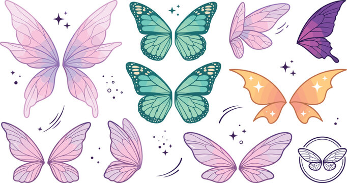 Fairy and Butterfly Wings Vector Set Featuring Mystic Pixie Angel Wings Monarch Patterns and Sparkly Costume Design Elements