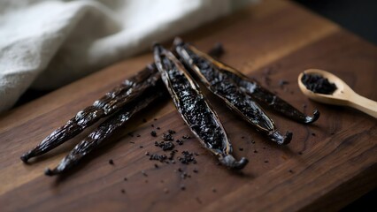 Smoked vanilla beans on wooden cutting board with spoon and black crumbs © Kitta Studio