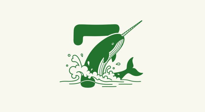 Playful narwhal jumping in ocean waves illustration.
