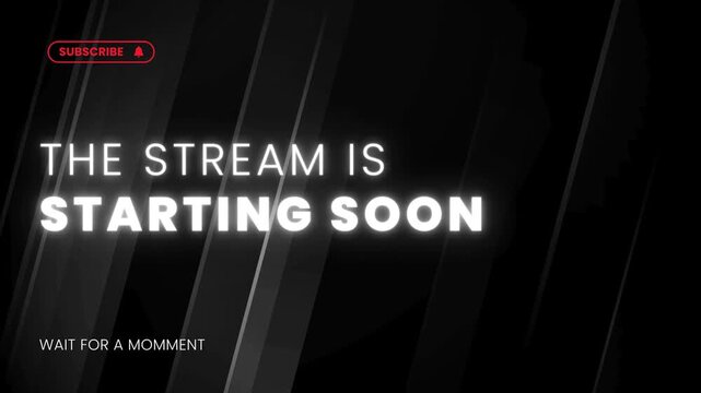 Dynamic footage of a 'Stream is Starting Soon' screen featuring a prominent subscribe button and notification bell. Perfect for live online broadcasts, pre-show sequences, and virtual events to build