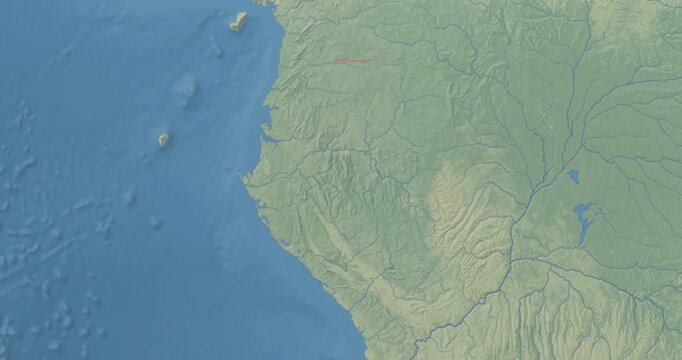 Gabon on Globe. Zoom into the country with Earth spinning on dark background. Physical world map with Gabon and label on it. Country view animation.