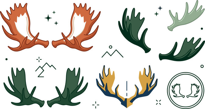 Moose Antler Vector Graphic Set Featuring Palmate Elk Horns Outdoor Adventure Mountain Badges and Wilderness Emblem Designs