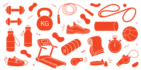 Orange flat icons set featuring workout equipment like kettlebell treadmill skipping rope sports shoes and water bottle for gym activities and home training © Sadhin07