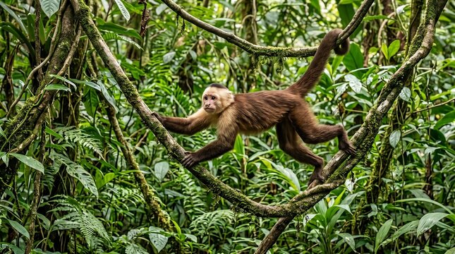 White headed capuchin monkey climbing in tropical rainforest