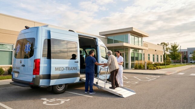 Non Emergency Medical Transportation Van Assisting Senior Patient with Walker at Healthcare Facility Entrance
