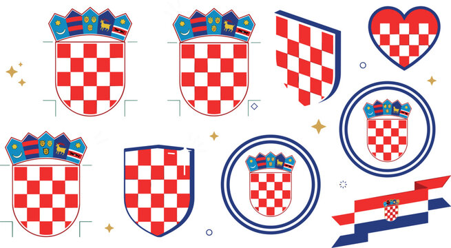 Croatia Coat of Arms and National Flag Vector Icon Set Featuring Checkerboard Shields Heart Shape Round Badges and Patriotic Ribbon Designs