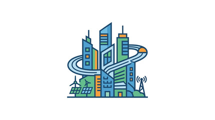 Naklejka premium Smart City Illustration: Sustainable Urban Development with Renewable Energy & Transport