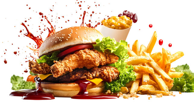 Juicy double chicken burger with fries and splash of ketchup on transparent background.
