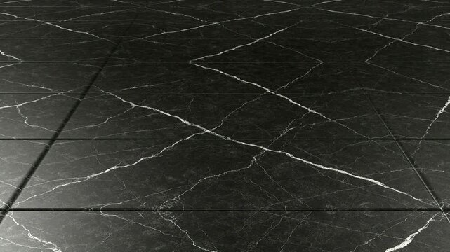 Smooth camera movement over luxury Nero Marquina black marble tiles seamless pattern backdrop elegant dark stone texture for premium interior design architecture