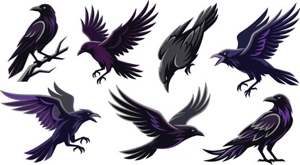 Obraz premium Dark Raven Collection Featuring Flying Crow Birds in Dynamic Poses with Gothic Wildlife Vector Illustration Set